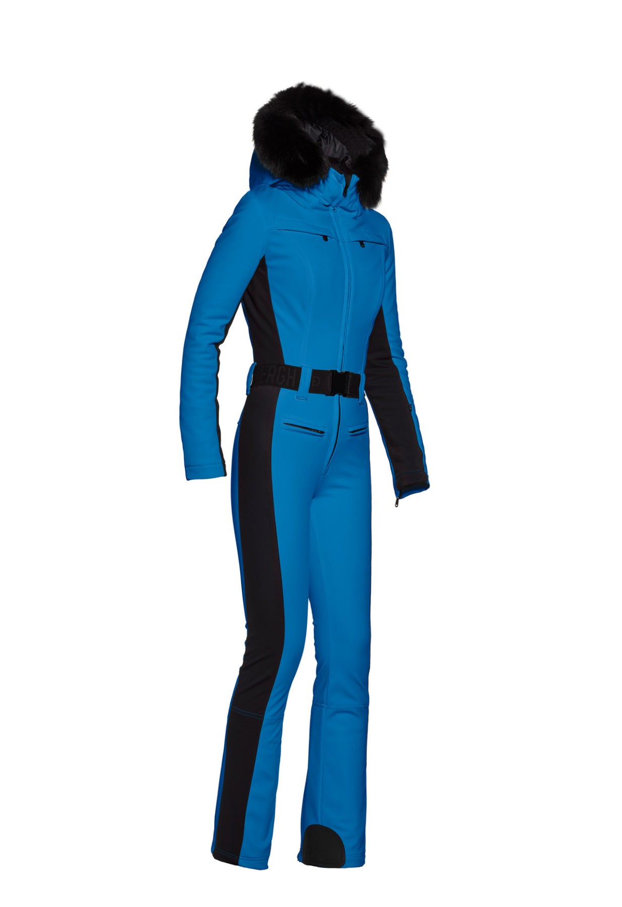 Goldbergh Parry One Piece Ski Suit in Electric Blue with Faux Fur Hood