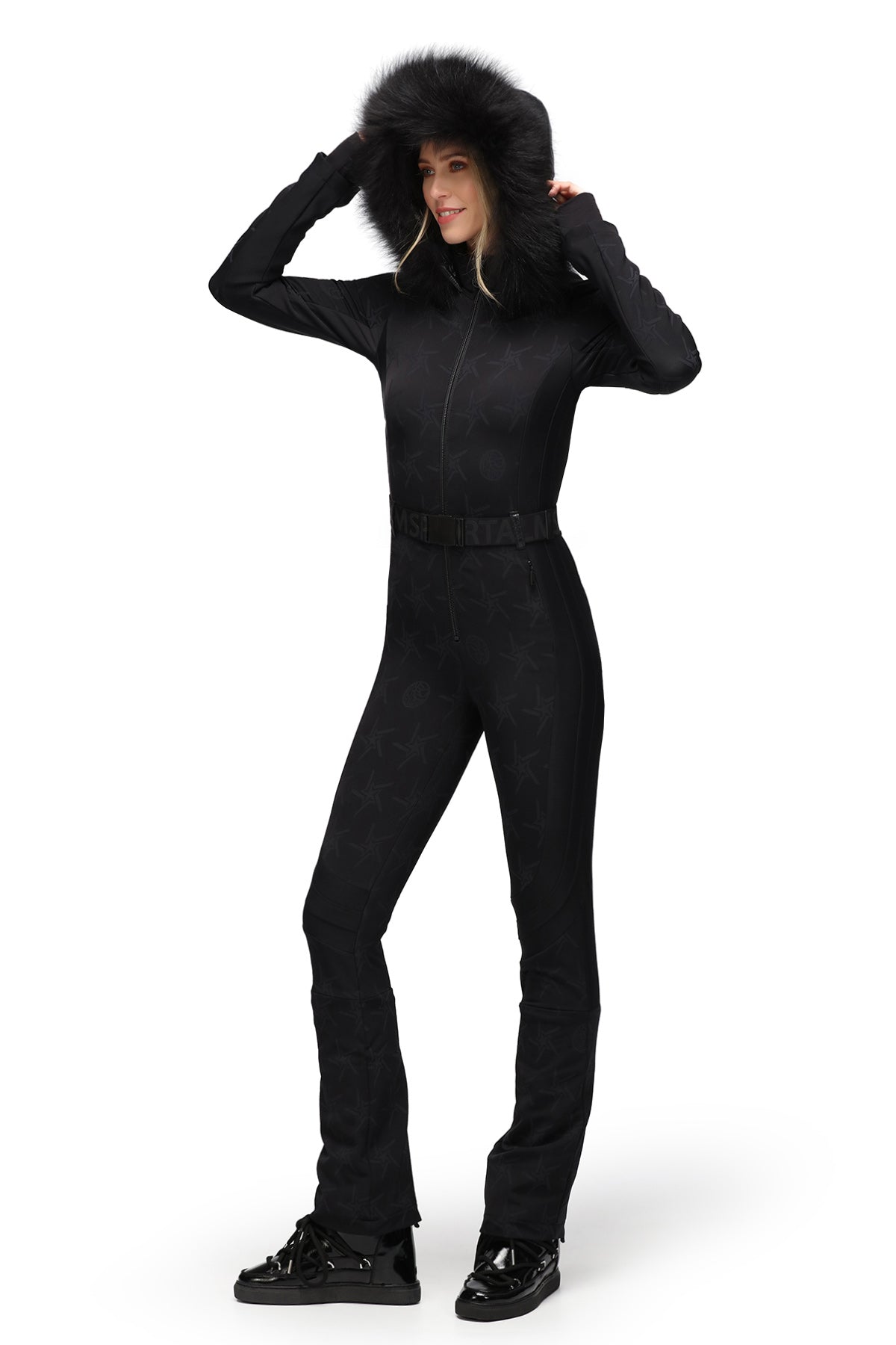 Sportalm One Piece Star Print Ski Suit in Black with Fur Hood