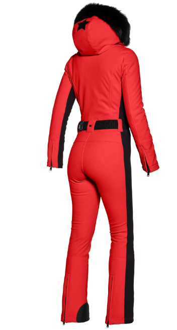 Goldbergh Parry One Piece Longer Length Ski Suit in Flame Red with Faux Fur Hood