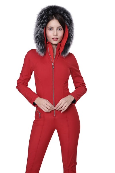 Emmegi Winnie One Piece Ski Suit in Red with Fur Hood