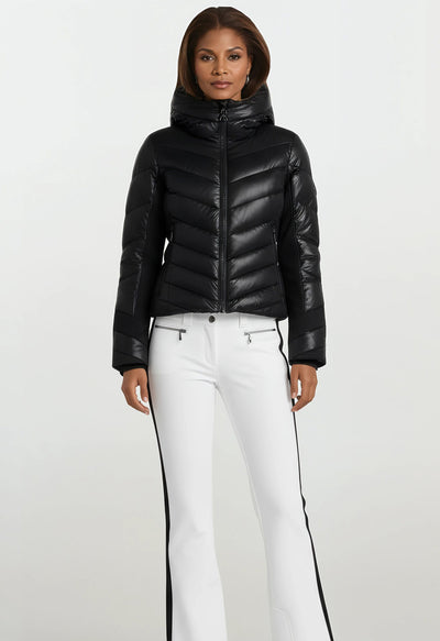 Poivre Blanc 0822 Shorter length Stretch Ski Pant in White and Black Side Stripe