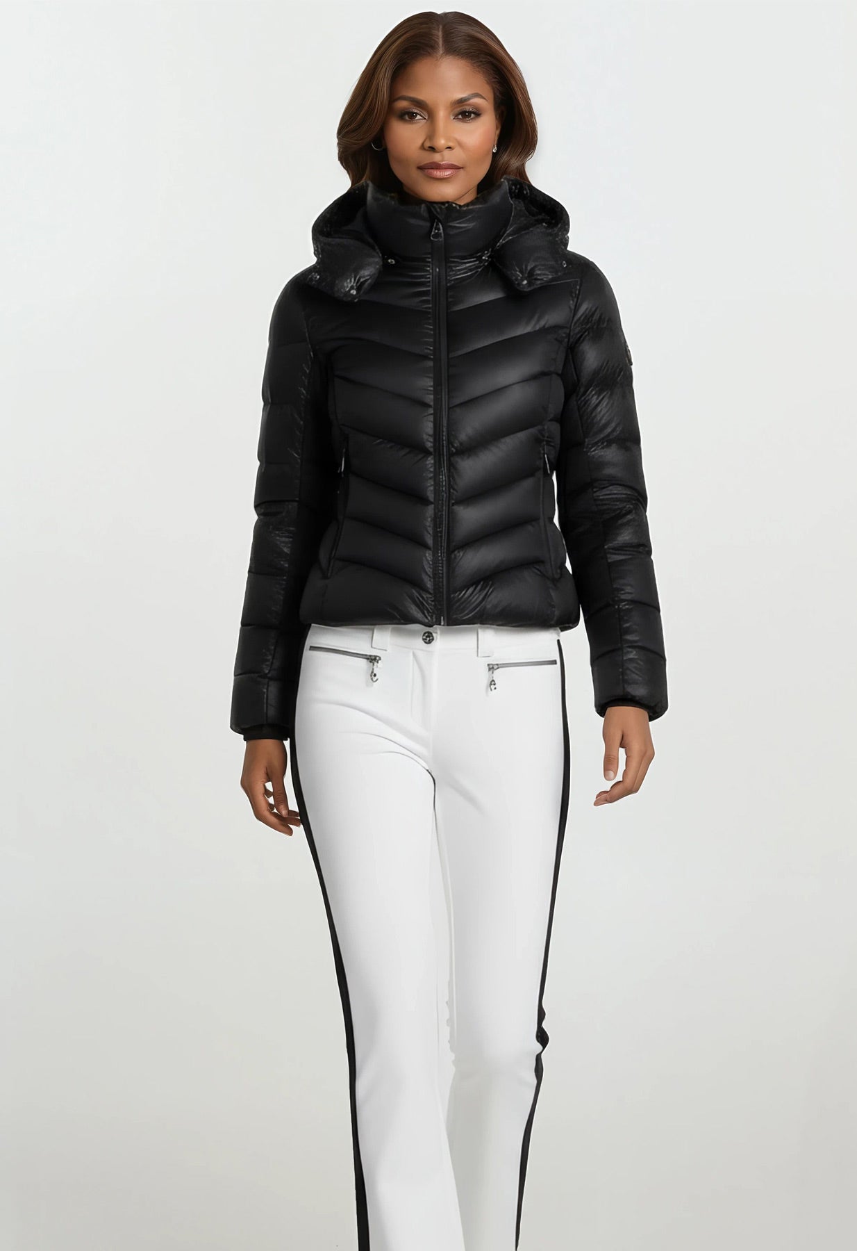 Poivre Blanc 0822 Shorter length Stretch Ski Pant in White and Black Side Stripe