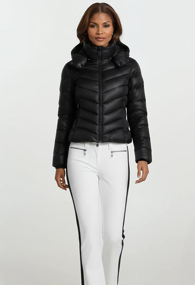 Poivre Blanc 0822 Shorter length Stretch Ski Pant in White and Black Side Stripe