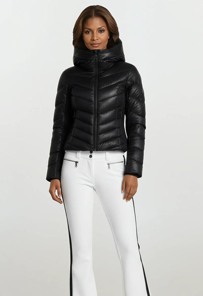 Poivre Blanc 0822 Shorter length Stretch Ski Pant in White and Black Side Stripe