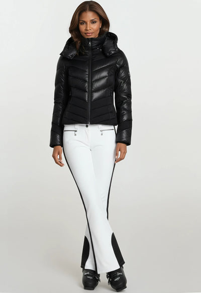 Poivre Blanc 0822 Shorter length Stretch Ski Pant in White and Black Side Stripe