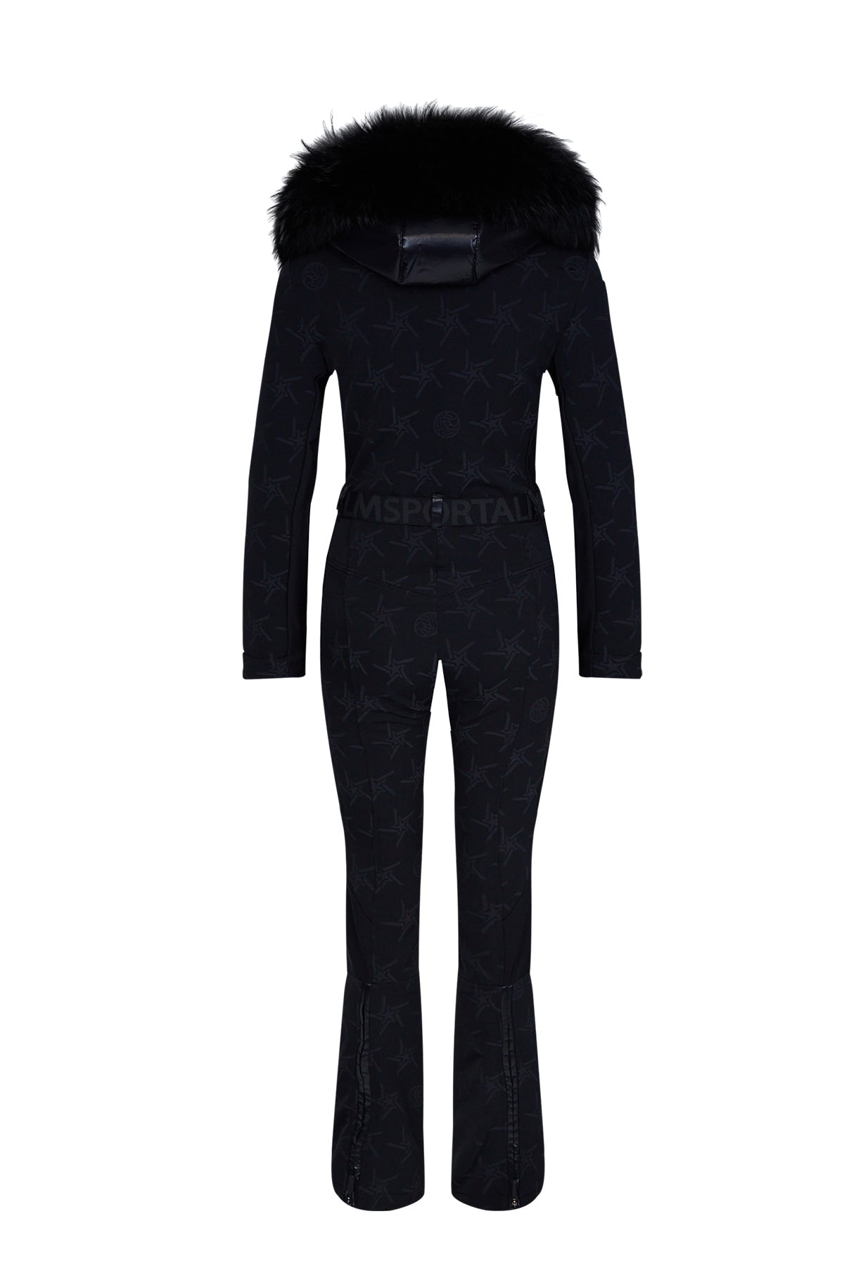 Sportalm One Piece Star Print Ski Suit in Black with Fur Hood