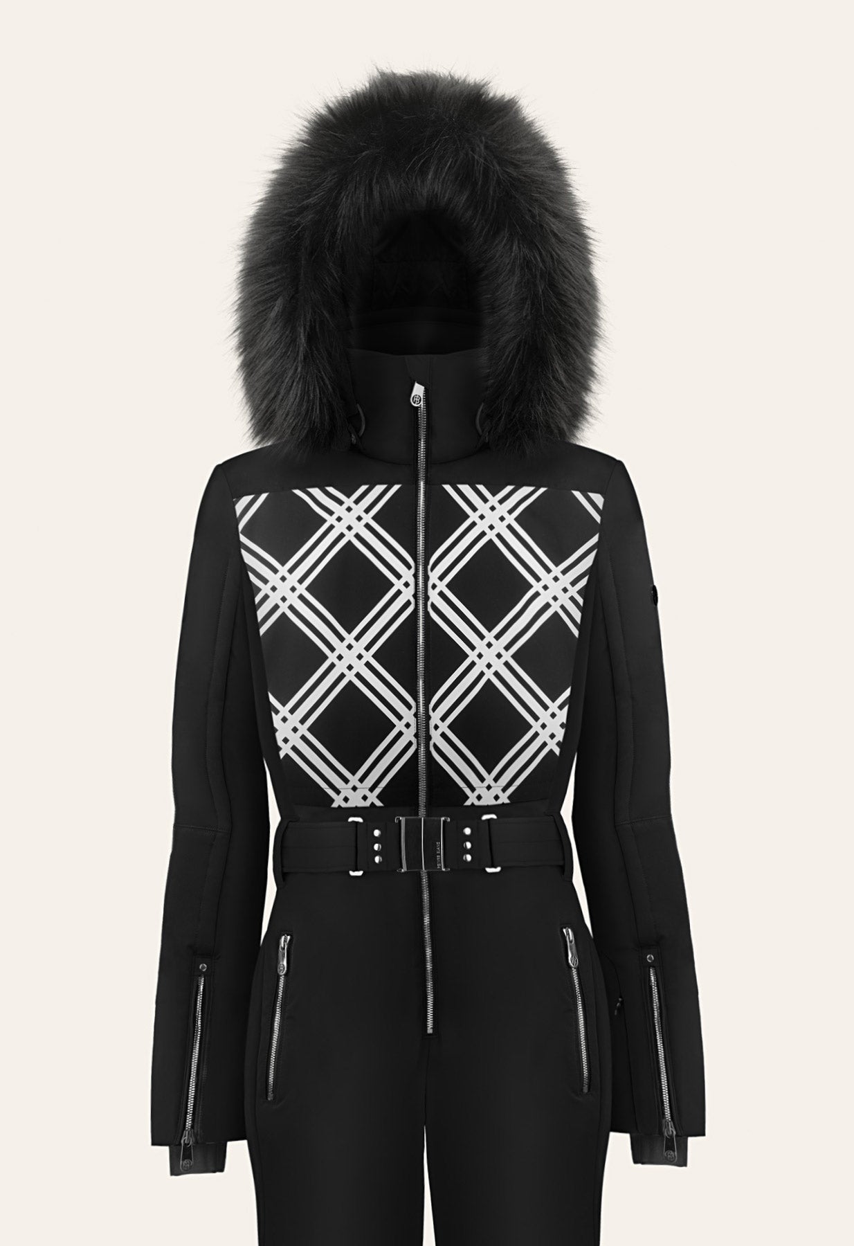 Poivre Blanc Ski Suit in Black and White with Faux Fur 0831