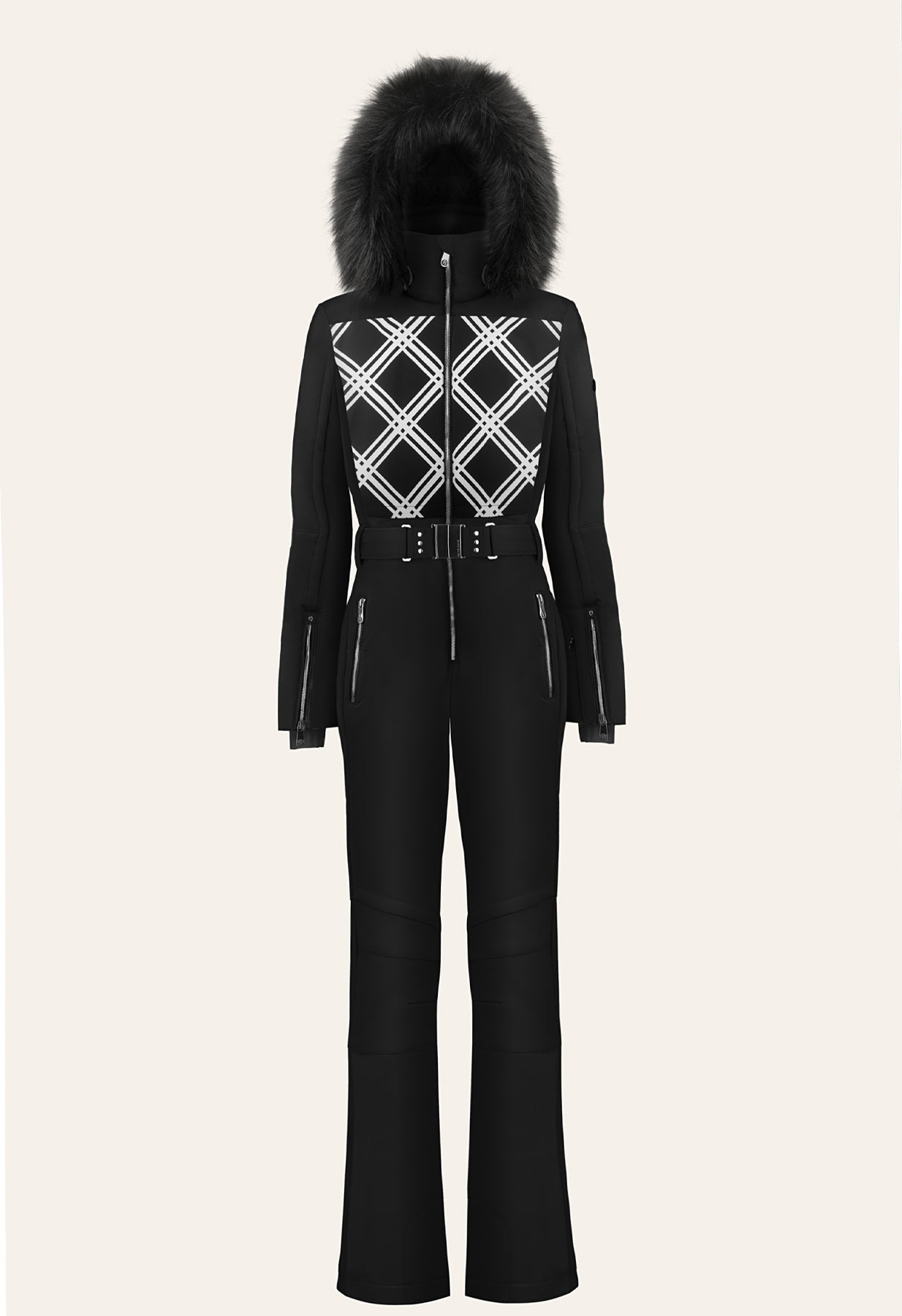 Poivre Blanc Ski Suit in Black and White with Faux Fur 0831