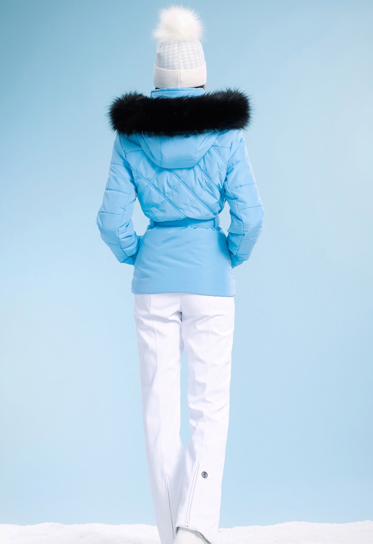 Poivre Blanc W23-1003 Ski Jacket in Blue with Belt and Faux Fur Hood