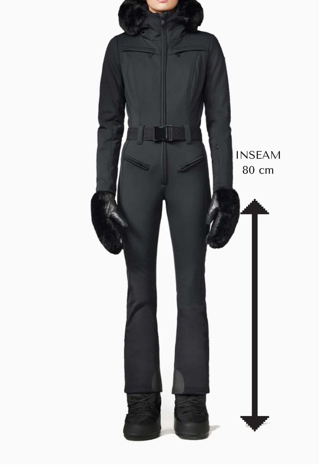 Goldbergh Parry One Piece Longer Length Ski Suit in Black with Faux Fur Hood