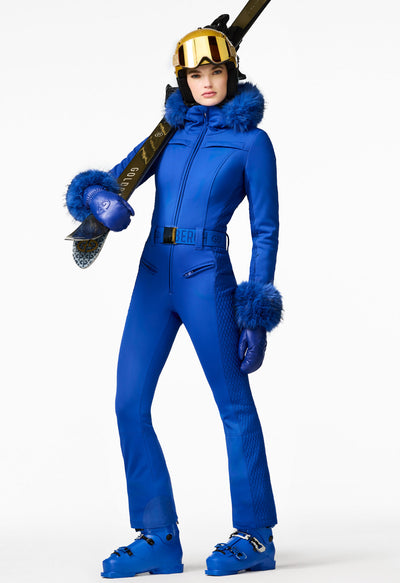 Goldbergh Angele One Piece Ski Suit in Dazzling Blue with Faux Fur Trims and Hood