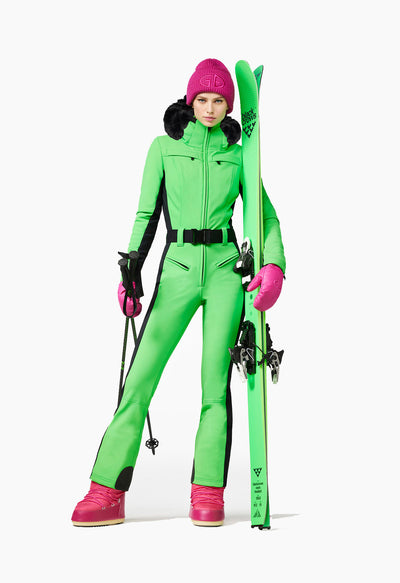Goldbergh Parry One Piece Ski Suit in Flash Green with Faux Fur Hood