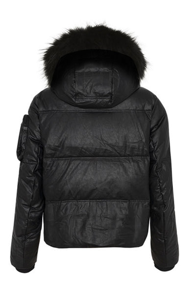 High Society Dakota Black Downfilled Faux Leather Ski Jacket with Fur Hood
