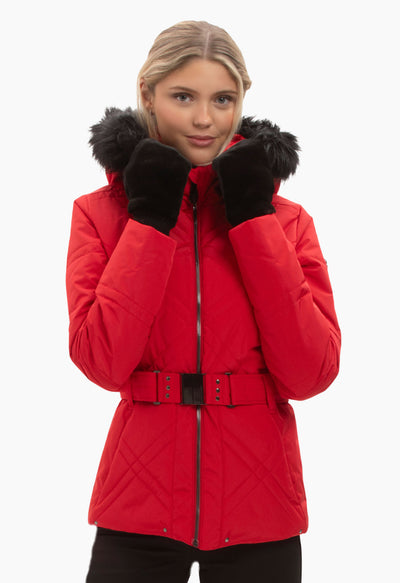 Poivre Blanc 1003 Ski Jacket in Red with Belt and Faux Fur Trim