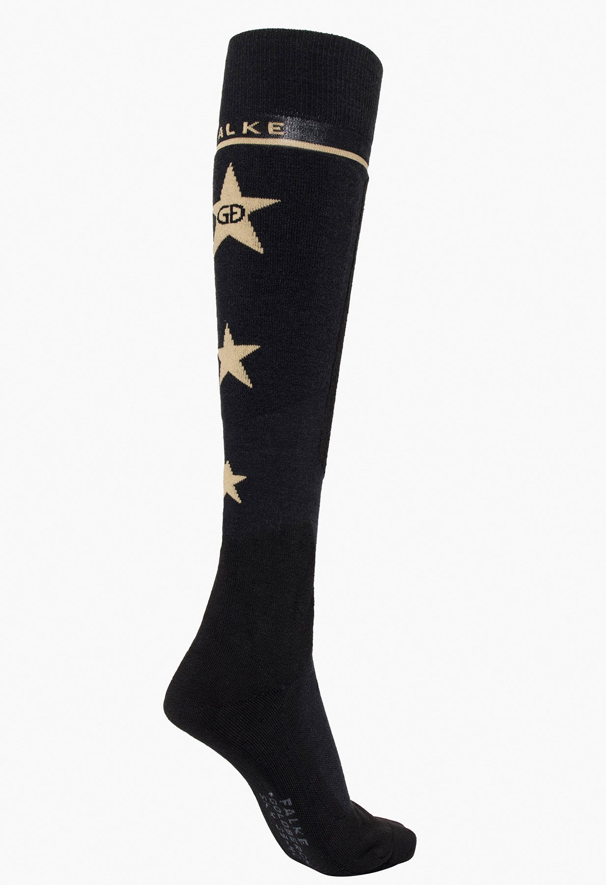 Goldbergh Altitude Black women's ski sock with gold stars on a white background