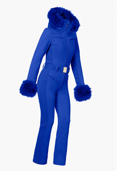Goldbergh Angele One Piece Ski Suit in Dazzling Blue with Faux Fur Trims and Hood