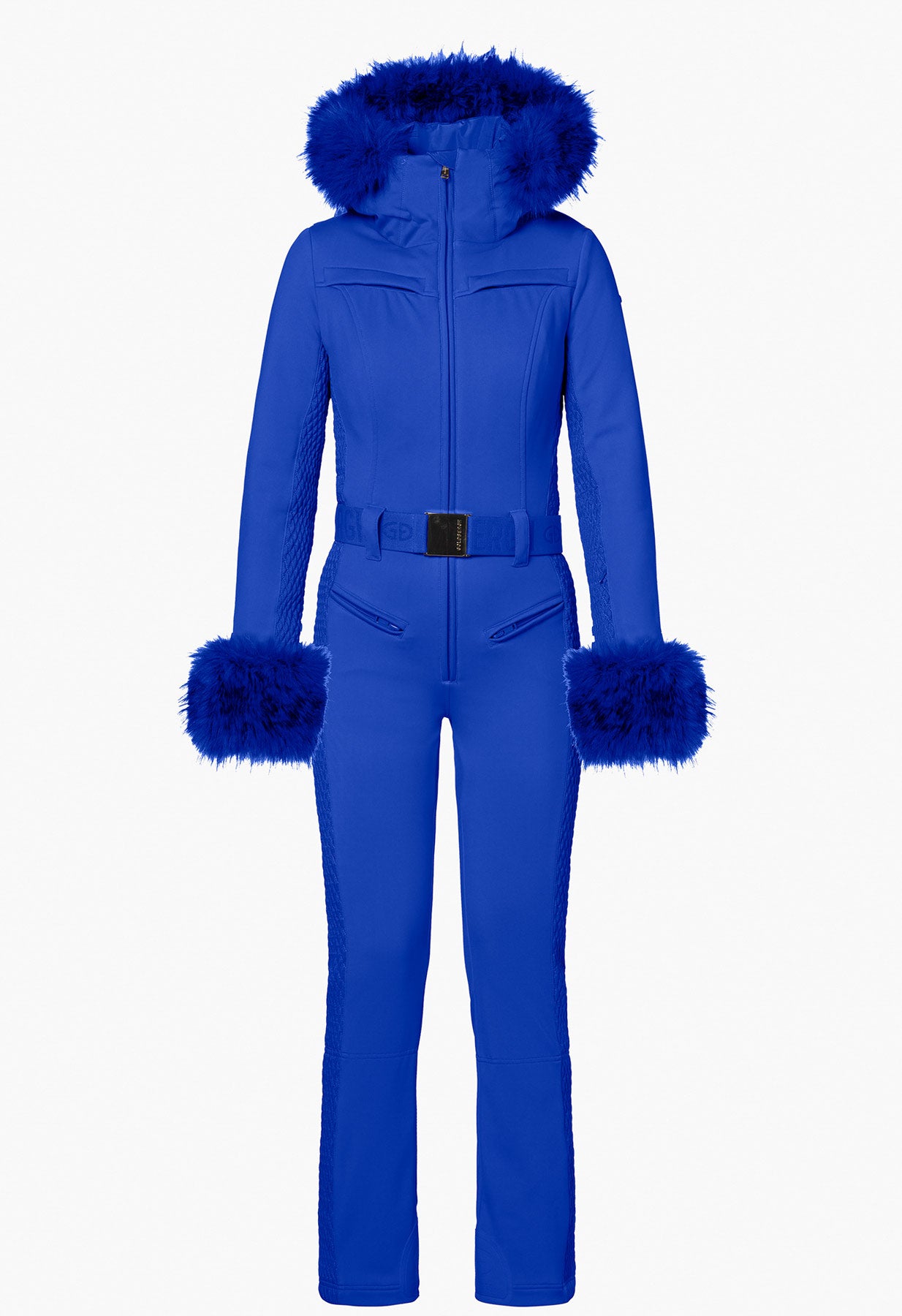Goldbergh Angele One Piece Ski Suit in Dazzling Blue with Faux Fur Trims and Hood