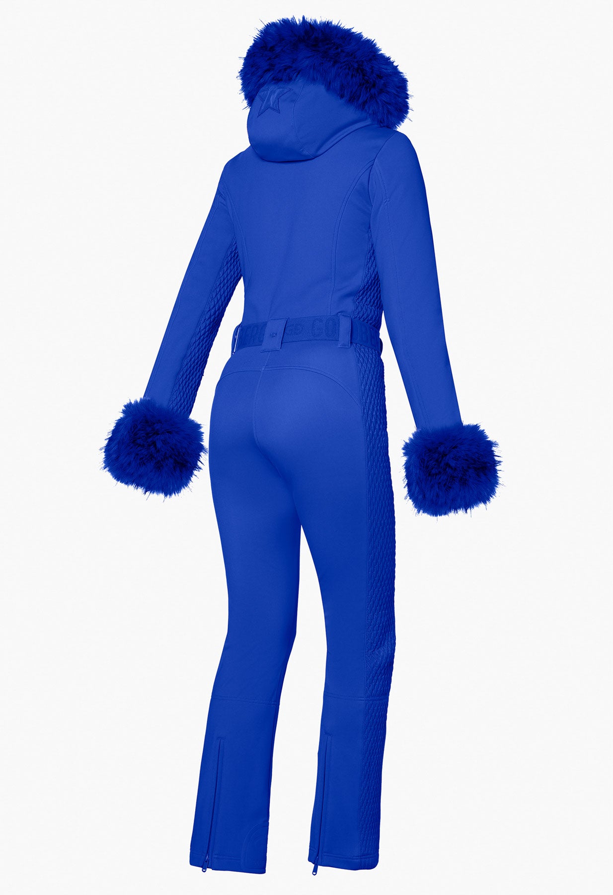 Goldbergh Angele One Piece Ski Suit in Dazzling Blue with Faux Fur Trims and Hood
