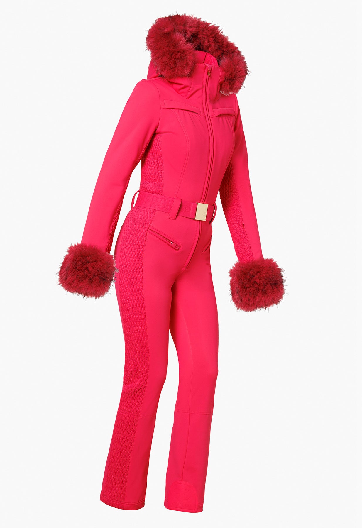 Goldbergh Angele One Piece Ski Suit in Italian Rose with Faux Fur Trims and  Hood