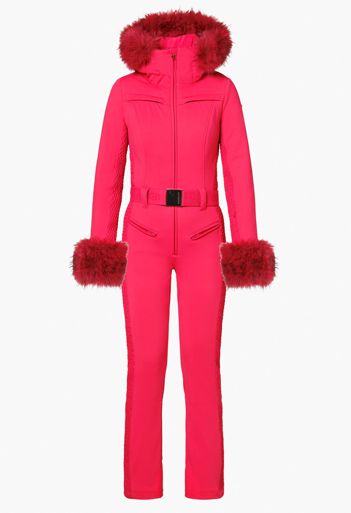 Goldbergh Angele One Piece Ski Suit in Italian Rose with Faux Fur Trims and  Hood