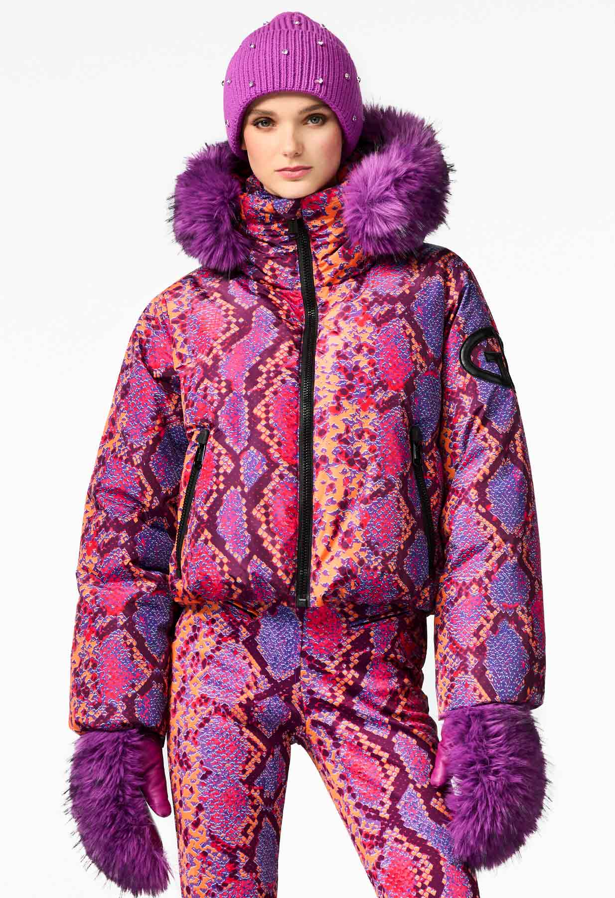 Goldbergh Lucinda Down Ski Jacket in Pink, Purple and Orange with Faux Fur