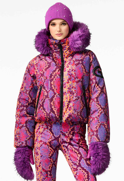 Goldbergh Lucinda Down Ski Jacket in Pink, Purple and Orange with Faux Fur