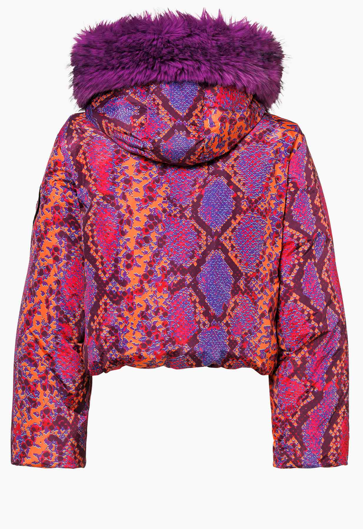 Goldbergh Lucinda Down Ski Jacket in Pink, Purple and Orange with Faux Fur