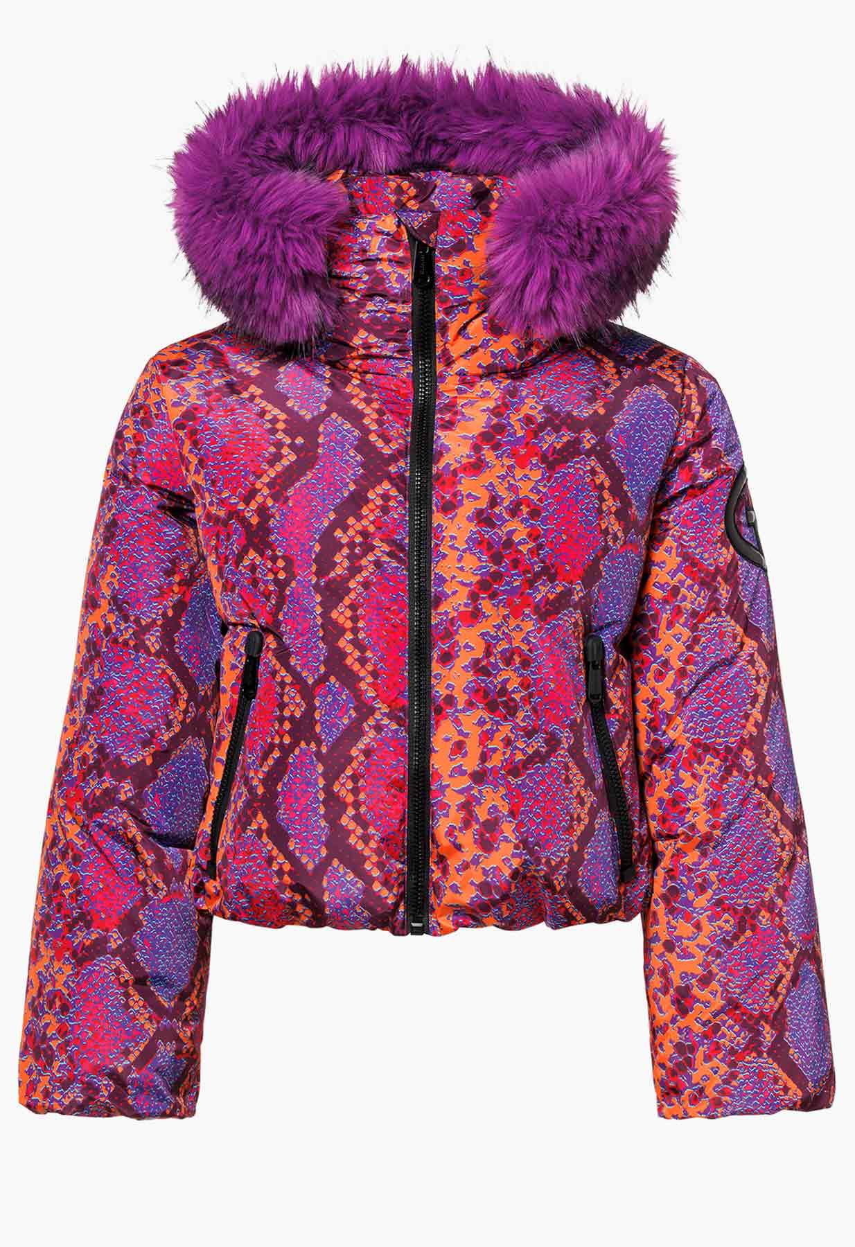 Goldbergh Lucinda Down Ski Jacket in Pink, Purple and Orange with Faux Fur
