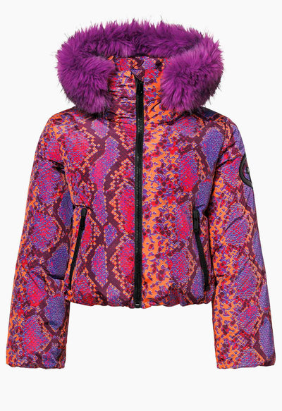 Goldbergh Lucinda Down Ski Jacket in Pink, Purple and Orange with Faux Fur