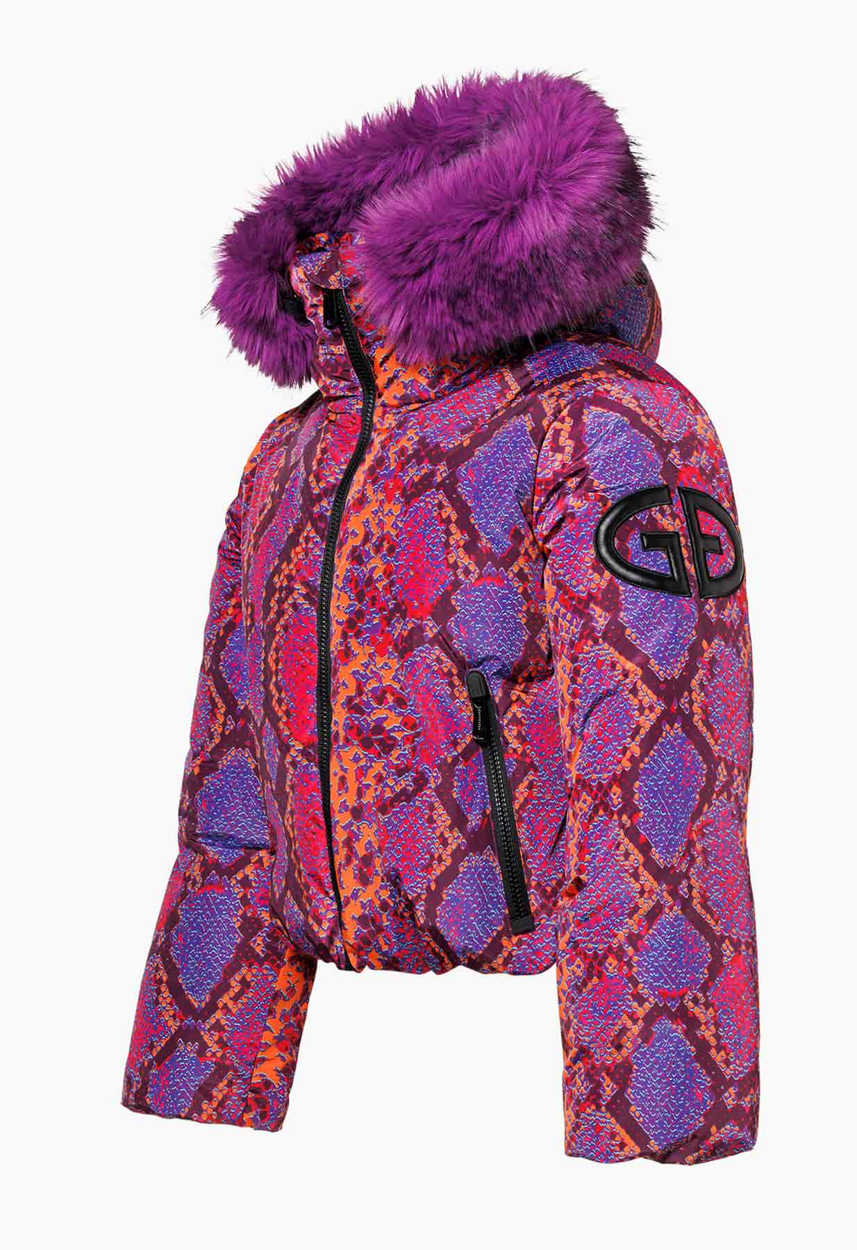 Goldbergh Lucinda Down Ski Jacket in Pink, Purple and Orange with Faux Fur