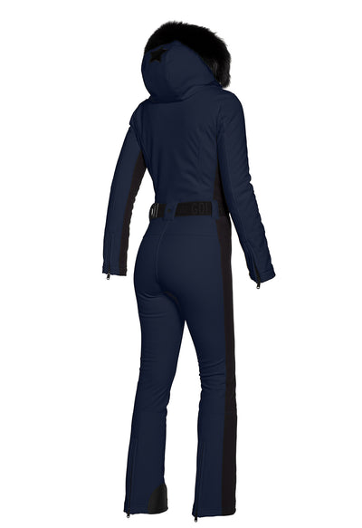 Goldbergh Parry One Piece Ski Suit in Blue with Faux Fur Hood