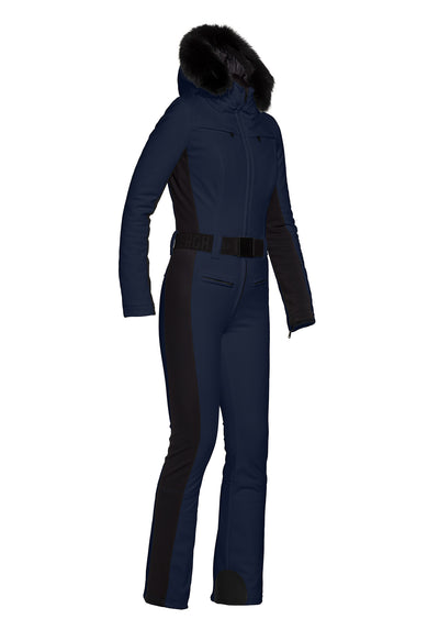 Goldbergh Parry One Piece Longer Length Ski Suit in Blue with Faux Fur Hood