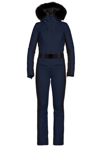 Goldbergh Parry One Piece Longer Length Ski Suit in Blue with Faux Fur Hood