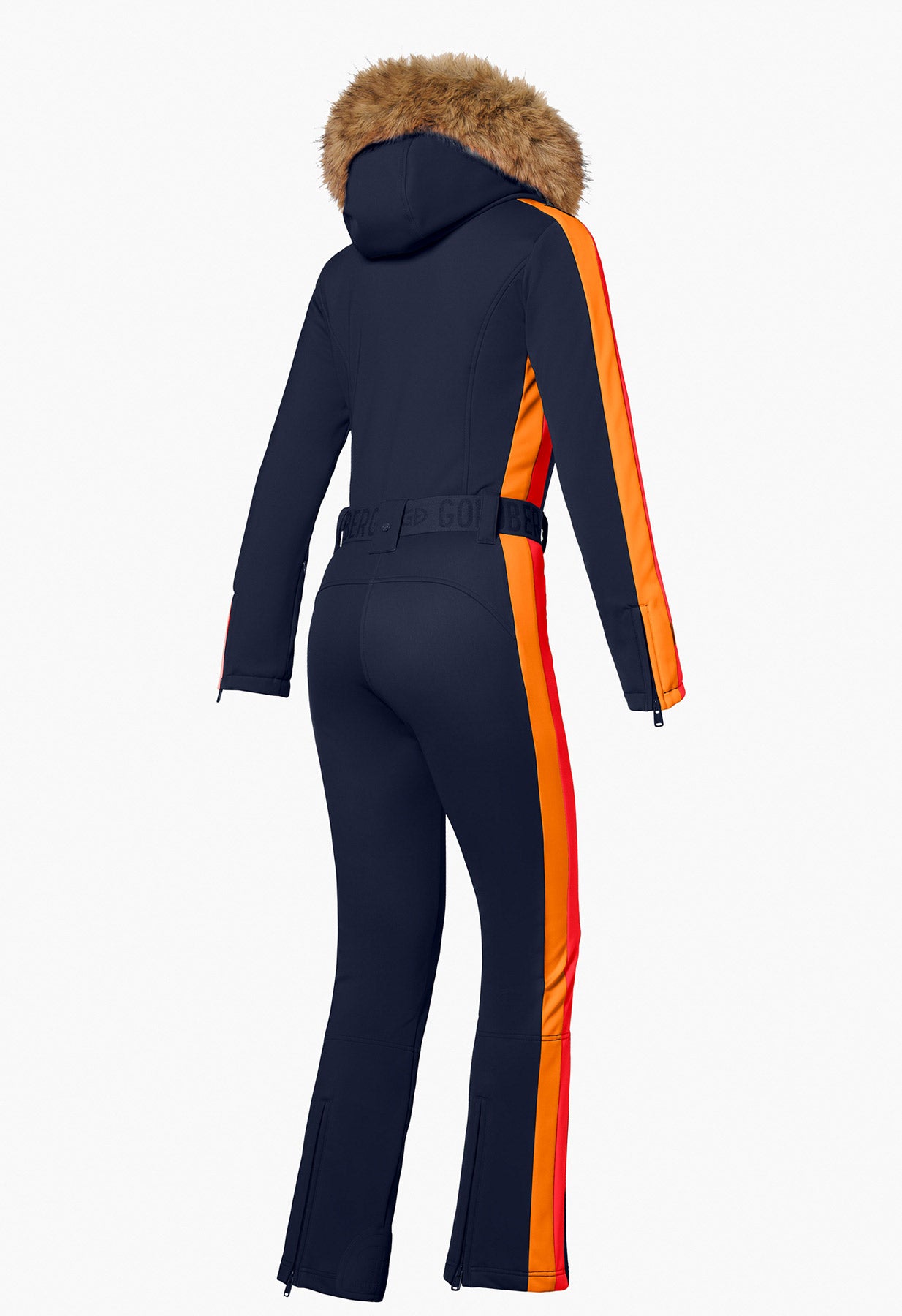 Goldbergh Suvi One Piece Ski Suit in French Blue with Faux Fur Trimmed Hood