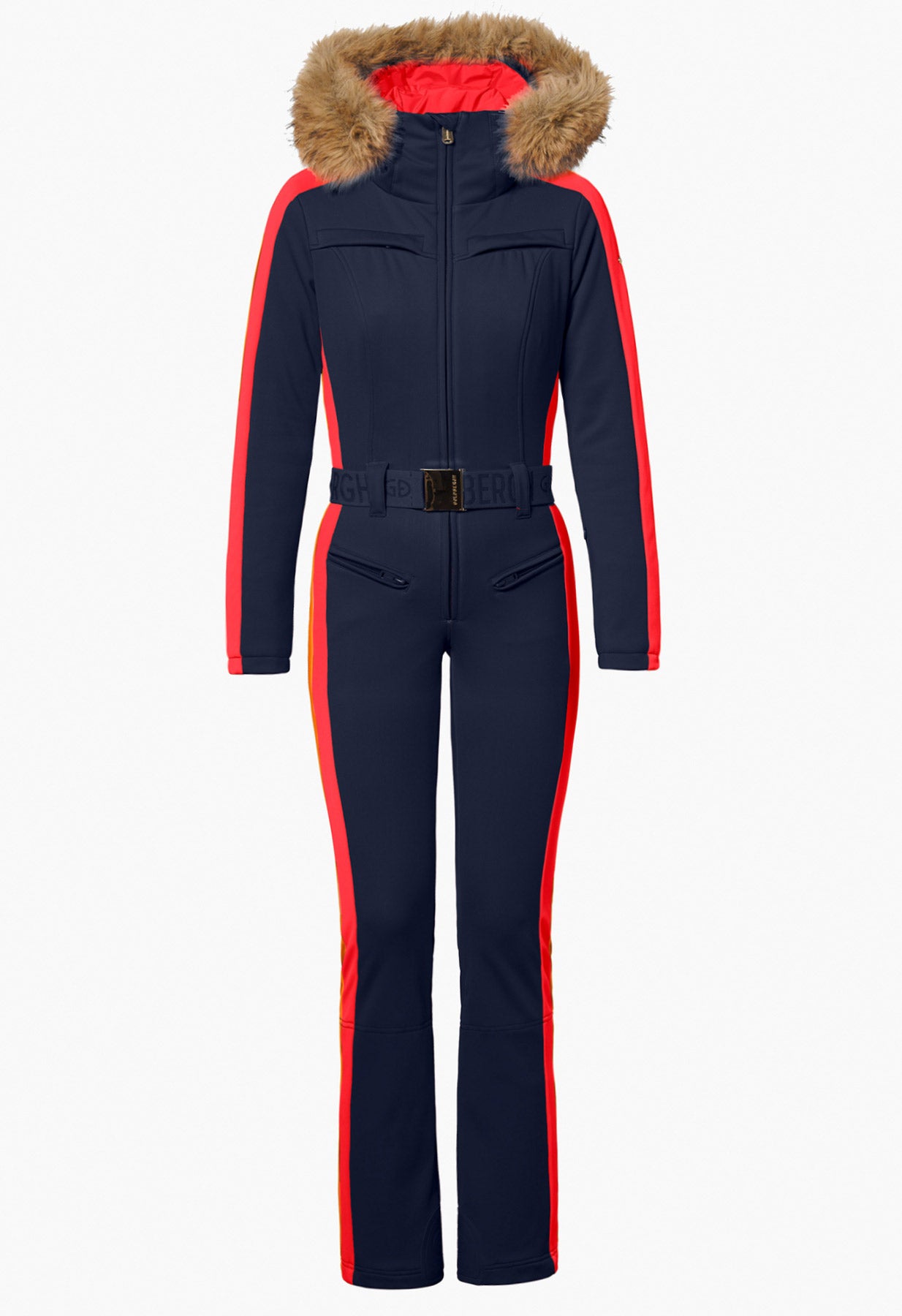 Goldbergh Suvi One Piece Ski Suit in French Blue with Faux Fur Trimmed Hood