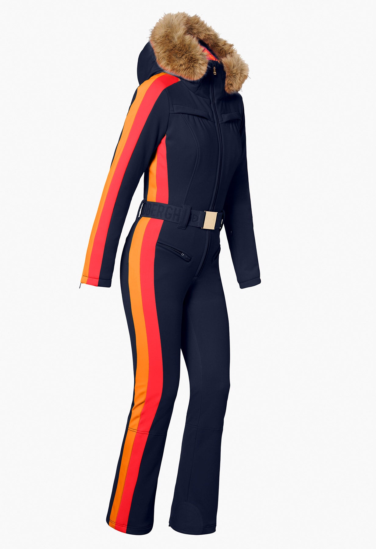 Goldbergh Suvi One Piece Ski Suit in French Blue with Faux Fur Trimmed Hood