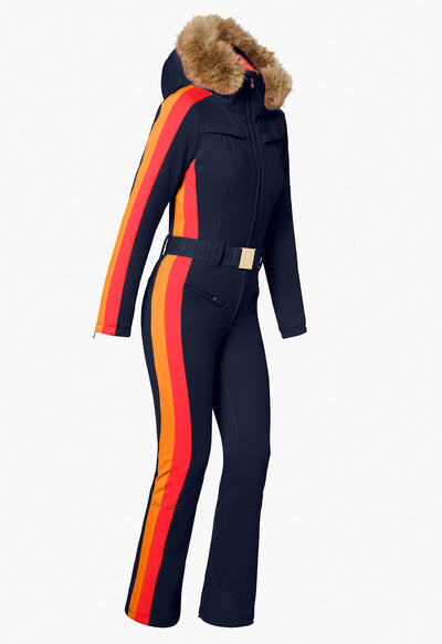 Goldbergh Suvi One Piece Ski Suit in French Blue with Faux Fur Trimmed Hood