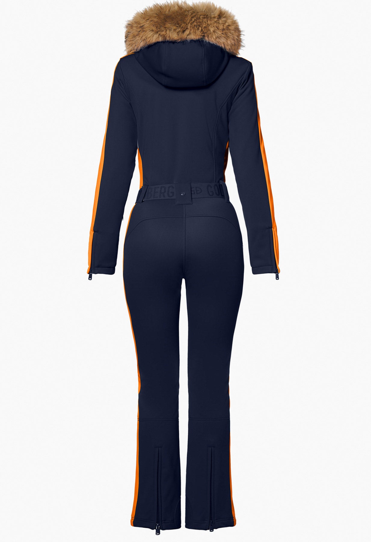 Goldbergh Suvi One Piece Ski Suit in French Blue with Faux Fur Trimmed Hood