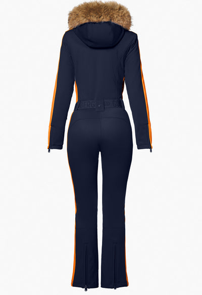 Goldbergh Suvi One Piece Ski Suit in French Blue with Faux Fur Trimmed Hood