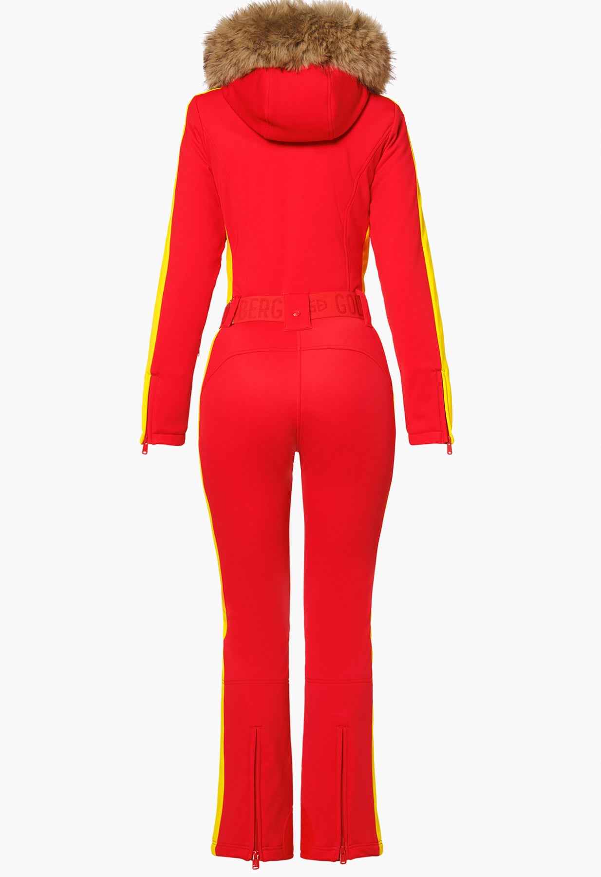 Goldbergh Suvi One Piece Ski Suit in Flame Red with Faux Fur Hood