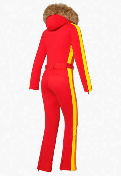 Goldbergh Suvi One Piece Ski Suit in Flame Red with Faux Fur Hood