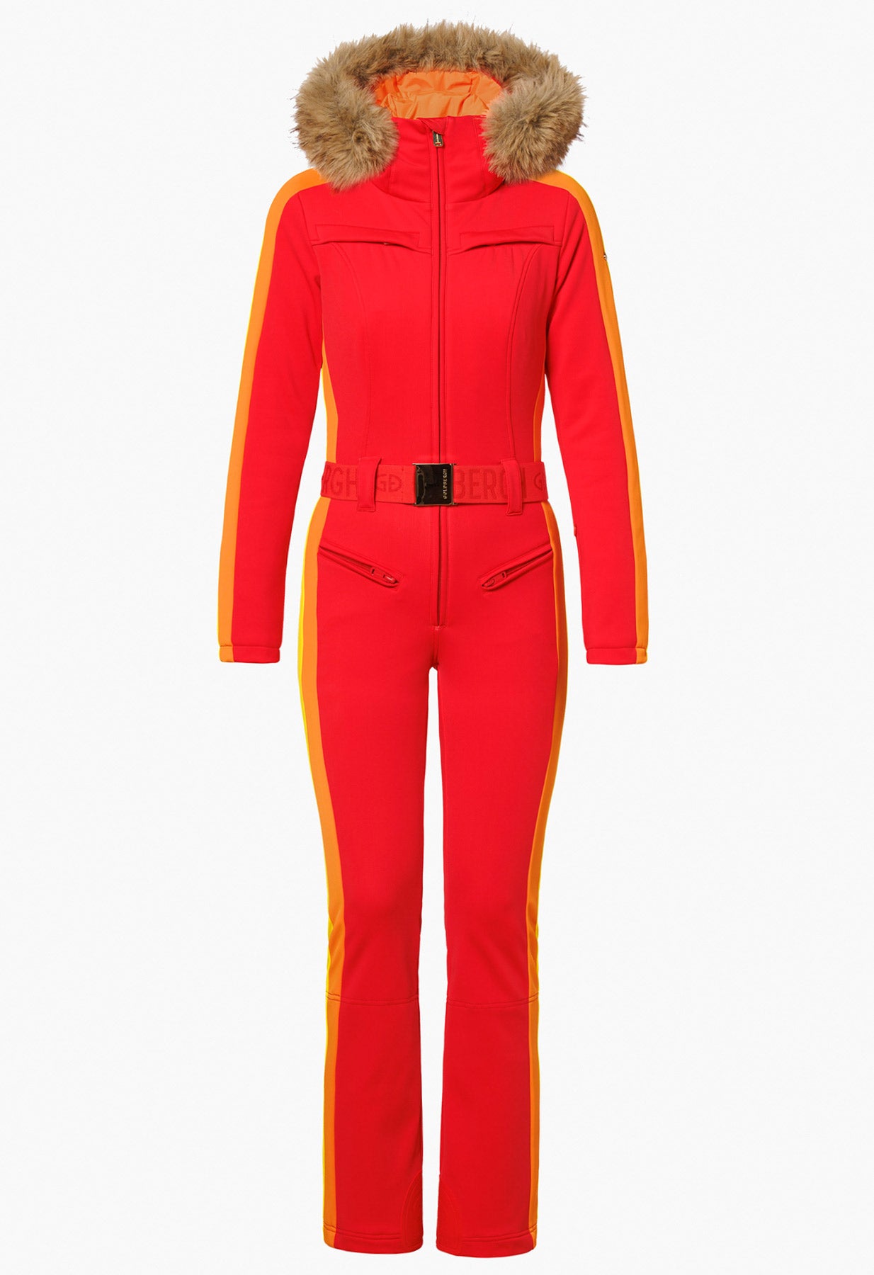 Goldbergh Suvi One Piece Ski Suit in Flame Red with Faux Fur Hood