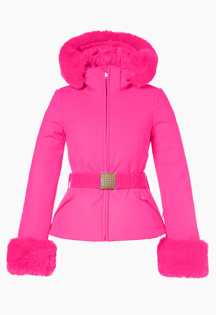 Goldbergh Giselle pink ski jacket with faux fur hood and cuffs Winternational