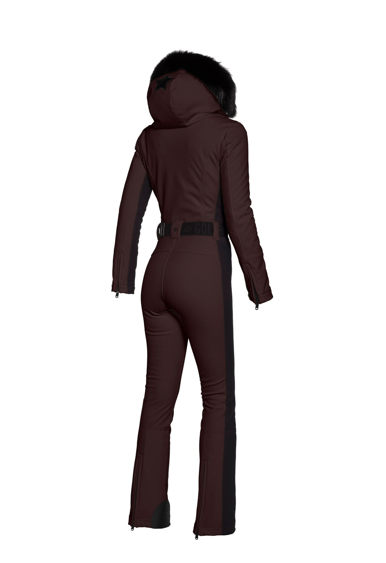 Goldbergh Parry One Piece Ski Suit in Brown with Faux Fur Hood