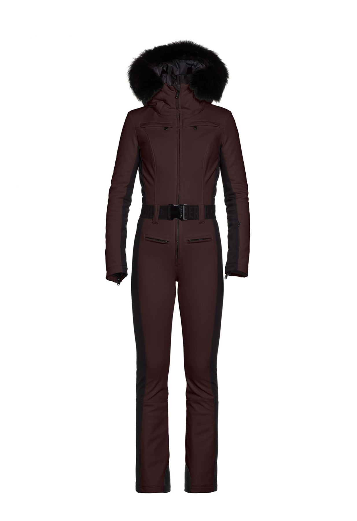 Goldbergh Parry One Piece Ski Suit in Brown with Faux Fur Hood