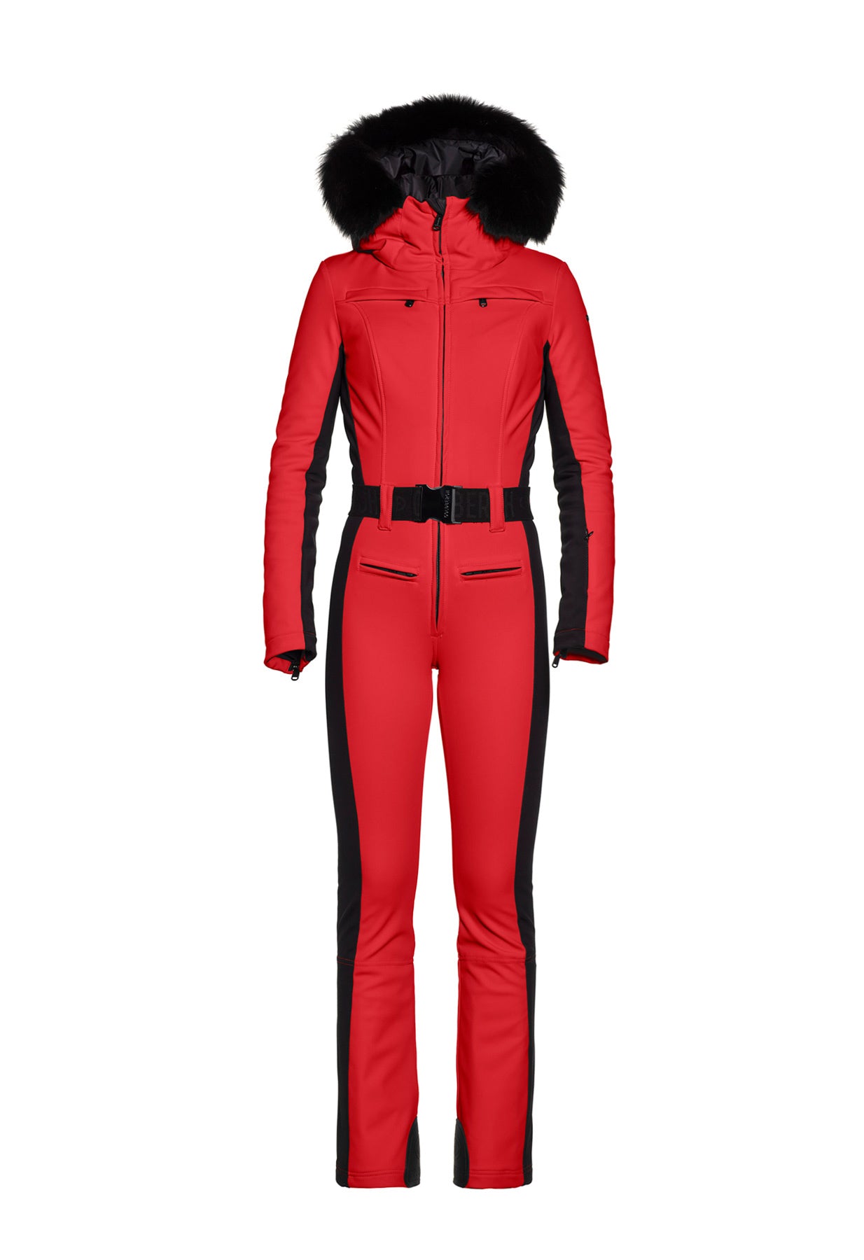 Goldbergh Parry One Piece Ski Suit in Flame Red with Faux Fur Hood