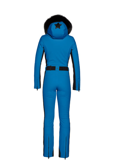 Goldbergh Parry One Piece Longer Length Ski Suit in Electric Blue with Faux Fur Hood