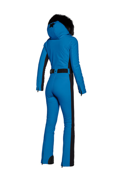 Goldbergh Parry One Piece Longer Length Ski Suit in Electric Blue with Faux Fur Hood