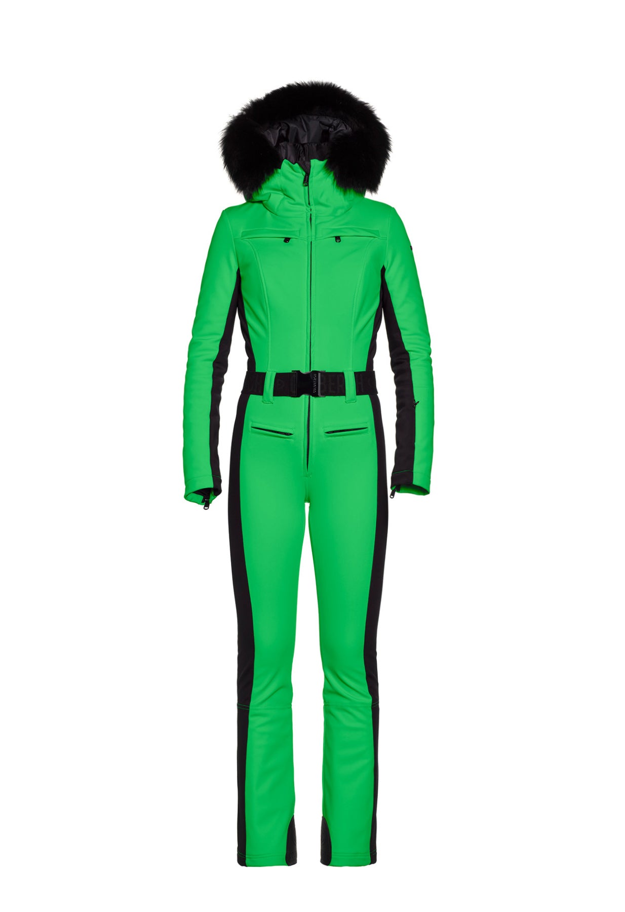 Goldbergh Parry One Piece Ski Suit in Flash Green with Faux Fur Hood