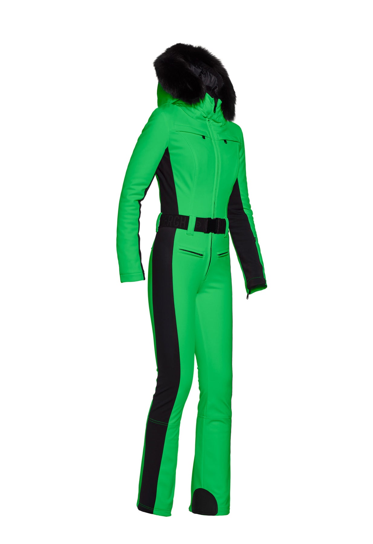 Goldbergh Parry One Piece Ski Suit in Flash Green with Faux Fur Hood